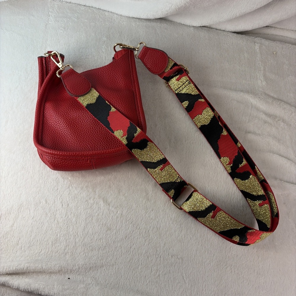 Red Pebbled Leather Crossbody Camera Bag with Gold Metallic Camo Strap